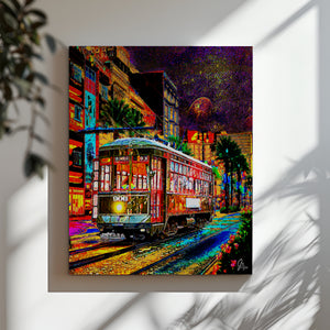 Decorative New Orleans Streetcar Art Print showcasing a streetcar passing classic wrought-iron balconies